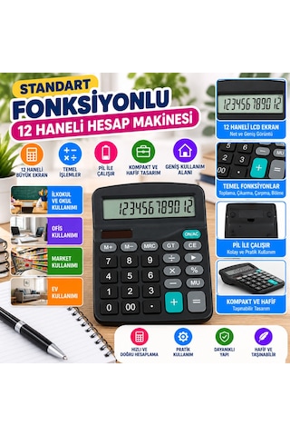 Standart Fonksiyonlu 12 Haneli Geniş Lcd Ekran,pill Masaüstü Hesap Makinesi Adet Fiyatıdır Çok Renkli