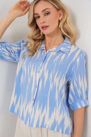 Defymoda Desenli Kısa Kol Crop Gömlek 20337 - Mavi Mavi