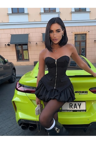 Havens Pamela Çizgili Balon Şort Etekli Takım Siyah