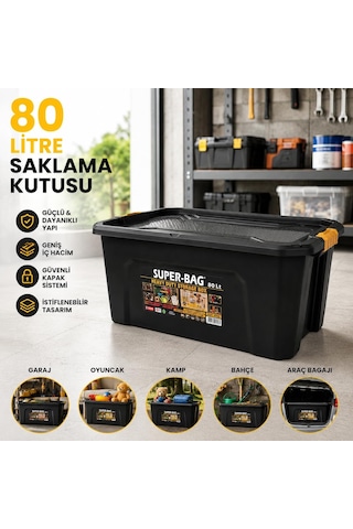 Super Bag 80 L Kapaklı Saklama Kutusu, Ağır Hizmet Plastik Depolama Kutusu, Çok Amaçlı Eşya Düzenleme Ve Saklama Kabı, Darbeye Dayanıklı, Ev Garaj Dep Çok Renkli