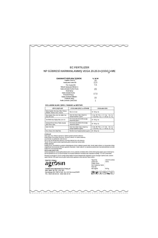 Agrosin Vega 20.20.0+(15SO3)+ME Çinkolu NP Granül Taban Gübresi 50 kg -