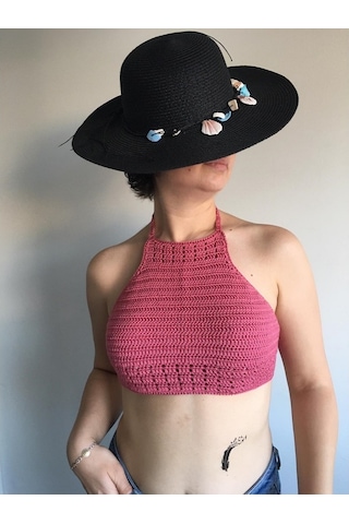 Tuyy El Örgüsü Özel Tasarım Pembe Renk Bikini Üstü Büstiyer