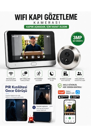 3mp Net Görüntü Wıfı Kapı Gözetleme Ekranlı Kapı Zili Kızıl Ötesi Gece Görüşü Hareket Algılama 4 Kullanıcıya Kadar Paylaşım Full Hd Çift Yönlü Ses Kapı Kamerası Akıllı Kapı Görüntüleyici