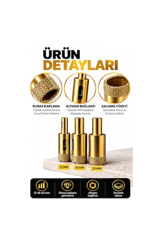 Seramik Delme Pançı 3 Lü Set 12-18-20 Mm Elmas Kaplama M14 Uyumlu