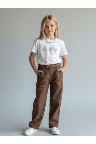 Zekids Kız Çocuk Lucky Baskılı Pamuklu T-shirt-16886 Ekru Kahve