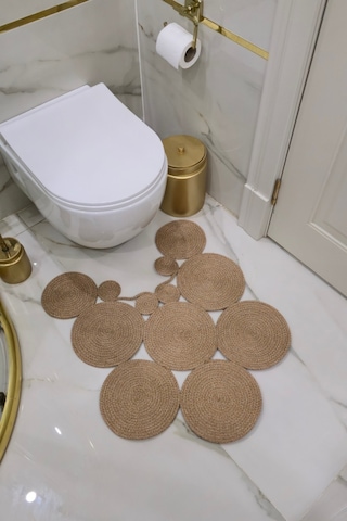 El Yapımı Bohem Jüt, Hasır, Paspas, Banyo Paspası, Klozet Önü Paspası, Klozet Paspas, Çift Taraflı Bej