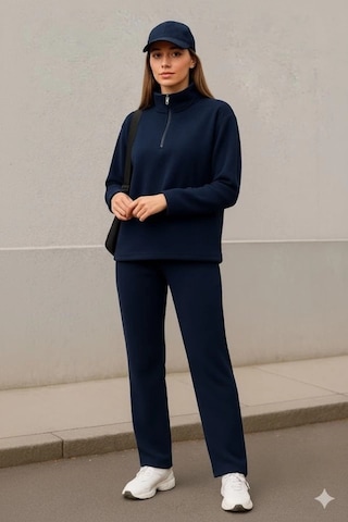Defymoda Kadın Balıkçı Yaka Fermuar Detay Polar Sweat Ve Pantolon Ikili Takım Lacivert