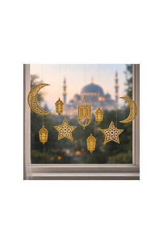 11 Parça Gold Altın İslam İ Süsleme Seti Ay Yıldız Fener Ev Pencere Kapı Duvar Süsü Ev Dekorasyon
