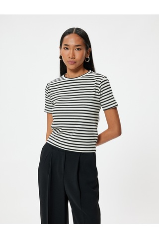 Koton Kısa Kollu Tişört Bisiklet Yaka Slim Fit Kaşkorse Siyah Çizgili 5wak50067ek Siyah