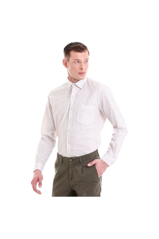 Hatemoğlu Bej Comfort Fit Baskılı 100% Pamuklu Slim Yaka Uzun Kollu Klasik Bej