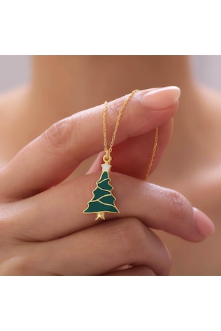 925 Ayar Gümüş Yılbaşı Hediyesi Mineli Çam Ağacı Kolye Gold