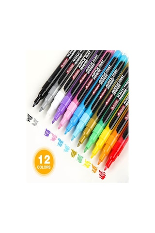 12 Renk Akrilik Markör Keçeli Kalem 1 Adet 12 Li Acrylic Paint Marker Taş Cam Metal Seramik Plastik Tuval Ahşap 0.5 Cm