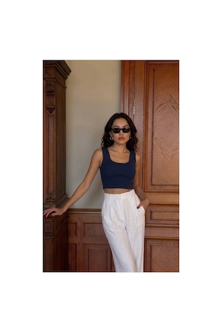 Onno Style Women Kolsuz Askılı Kare Yaka Kadın Triko Bluz Lacivert
