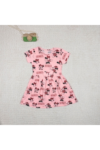 Momikon Minnie Mouse Kız Çocuk Kısa Kollu Pamuklu Elbise Pembe