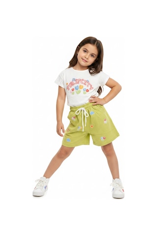 Toontoy Kids Toontoy Kız Çocuk 2'li Şortlu Takım Bisiklet Yaka Kısa Kollu Baskılı Tişört Beli Bağlamalı Baskılı Şort 25034 Yeşil