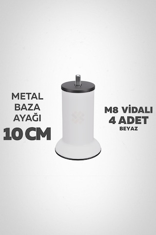 Baza Ayağı 10 Cm M8 Vidalı 4 Lü Set Metal Beyaz Yatak Mobilya Ayağı İnce Vida Beyaz M8 10 Cm