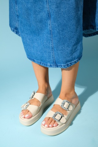 Luvishoes Luvi Shoes Preds Bej Taşlı Tokalı Çift Bantlı Kadın Terlik Bej