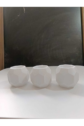 3 Lü Beyaz Geometrik Tasarımlı Dekoratif Mumluk Seti Modern Ve Şık Beyaz