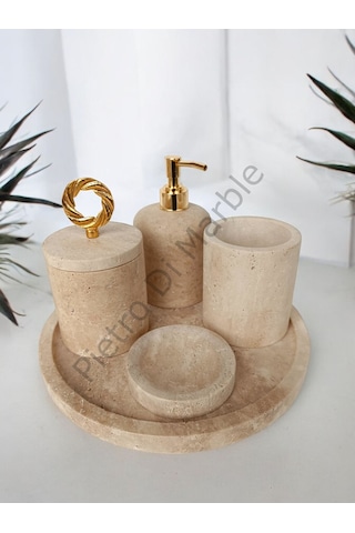 Sarı Traverten Klasik Model 5 Parça Gold Renk Halka Aksesuarlı Banyo Seti Sarı Traverten