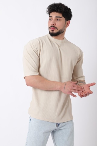 Çizgili Oversize Bisiklet Yaka Tişört Stu-2452 30463 Bej