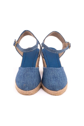 Gerçek Elişi Topuğu Açık Bilekten Bantlı Dolgu Topuk Keten Hasır Espadril Handmade Mavi