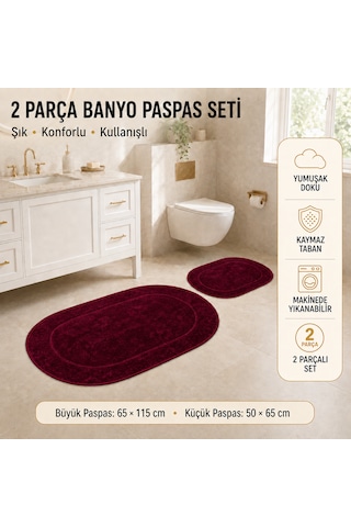 Rixos 2'li Banyo Halısı Paspası Seti Kaymaz Tabanlı Klozet Takımı Bordo
