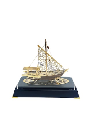 Pirinç Yelkenli Gemi Altın Kaplama Katar Dhow Teknesi Deri Kutulu 23cm No.2