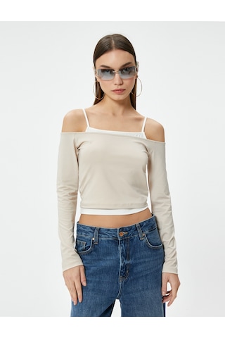 Koton Askılı Madonna Yaka Omzu Açık Tişört Uzun Kollu Renk Kontrastlı Slim Fit Kahverengi 4sal10694ık Kahve