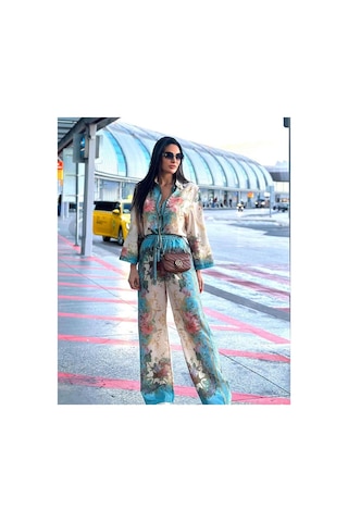 Wellway Keten Kumaş Gömlek & Pantolon Çiçekli 2li Takım-mavi -2504 Mavi