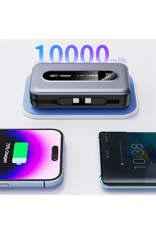 Lenyes Px1002d Dijital Göstergeli Teleskopik Type-c Ve Lightning Kablolu Powerbank 35w 10.000mah Gri