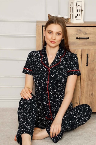 Farya Home Dreamy Pamuklu Yıldız Desenli Biyeli Kısa Kollu Gömlek Pijama Takımı Siyah Kırmızı Kırmızı - Siyah