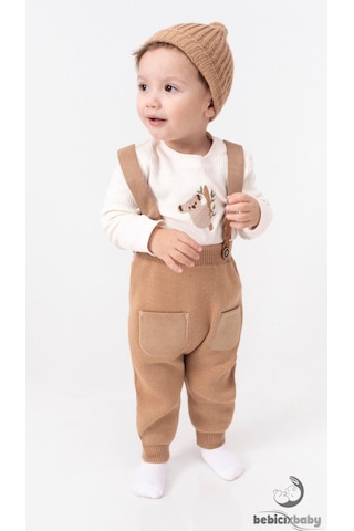Bebicix Triko Askılı Koala Temalı Kaşkorse Esnek Badili Bereli Unisex Bebek Takım Sütlü Kahve