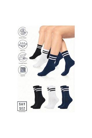 Saysez Bambu Unisex Tenis Kolej Çizgili Siyah-beyaz-lacivert Premium Dikişsiz Soket Çorap 3'lü Paket Lacivert