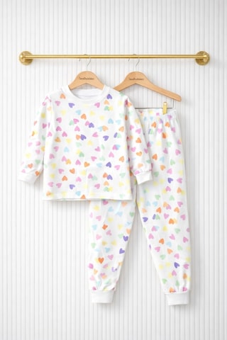 Kalp Desenli Kız Çocuk Pijama Takım St09656 KREM