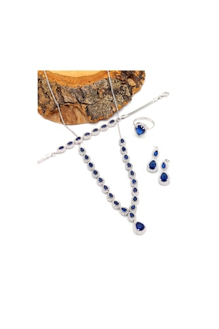 Safir Taşlı Damla Model 925 Ayar Gümüş Kadın Dörtlü Set 201025663