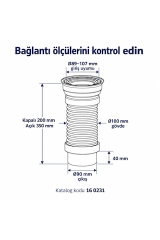 İz Yapı Klozet Pis Su Bağlantı Körüğü 200-350 Mm 90 Mm Çıkış 16 0231 Beyaz - Siyah