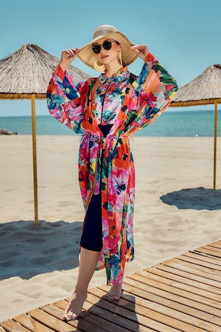 Remsa Tesettür Mayo Üzerine Tek Kaftan Kimono Pareo Lacivert02 Rp030 Flowers Lacivert