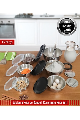 Steel&More Çelik Rendeli Saklama Kabı 9parça Ve 3'lü Saklama Kabı 15 Parça Set Gri