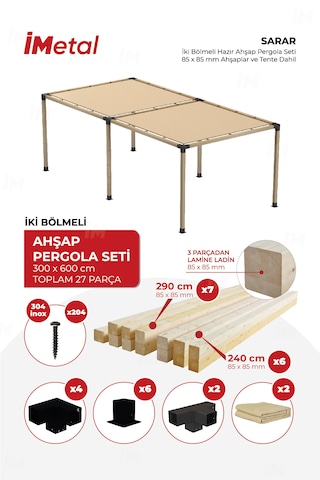 Sarar İki Bölümlü Ahşap Pergola Seti Ahşaplar Ve Tente Dahil