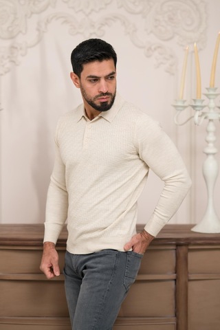 Woolen World Polo Yaka Slimfit Desenli Yünlü Erkek Triko Kazak Krem