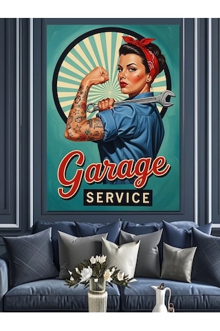 Retro Tamirci Kadın Posteri Dekoratif Kanvas - Mdf Ahşap Tablo