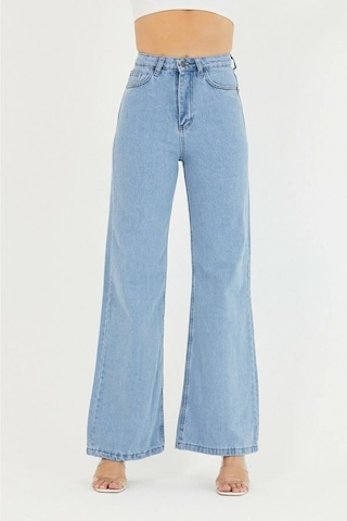 Palazzo Pantolon Buz Mavi Yüksek Bel Geniş Paça Bol Kesim Premium Jeans Buz Mavi
