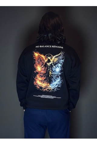 Dark Line No Balance Remains Sırt Baskılı %100 Pamuk Unisex Siyah Oversize Sweatshirt Siyah