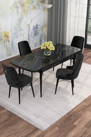 Mona Siyah Mermer 80x132 Açılabilir Mdf Masa Yemek Odası Takımı, Mutfak Takımı 4 Adet Sandalye Siyah Mermer - 4 Siyah - Siyah Ayak