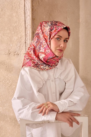 Twill İpek Eşarp 11473-42 Açık Vizon, Nar Çiçeği, Pembe, Antrasit
