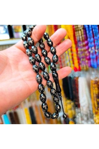 9x12 Mm Beyzi Gümüş Çakım Kuka Tesbih - Ebu Sırr Usta İşçilikli Gümüş Çakımlı Kuka Tespih Siyah