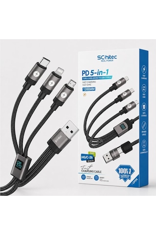 Schitec 5in1 100w Dijital Göstergeli Type-c Ve Usba Girişli Micro Type-c Lightning Çıkışlı Hızlı Şarj Ve Data Kablosu 1.2m Hg/c-26