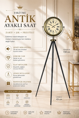 Antik Görünümlü Eskitme Tripod Ayaklı Saat