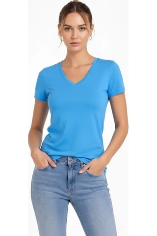 Valensdesign 3lü V Yaka Tişört Kısa Kollu Yazlık Slim Fit Body - Pembe, Açık Mavi, Ekru Çok Renkli