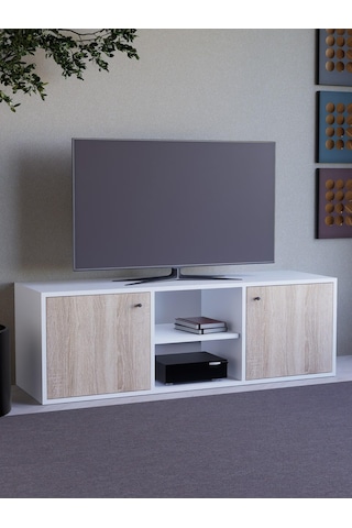 Detamob Beyaz Tv Ünitesi, 2 Kapaklı Raflı Tv Sehpası - 138cm Mdf Meşe